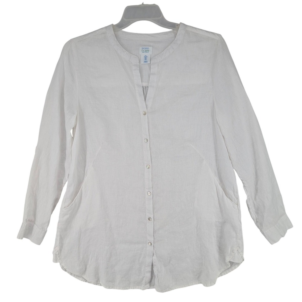 Lg Sigrid Olsen White Linen Roll Tab Sleeve Tunic Shirt Beachy‎ Capsule Nautical